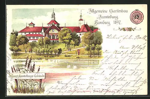 Lithographie Hamburg, Allgem. Gartenbau-Ausstellung 1897, Haupt-Ausstellungsgebäude