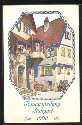 Künstler-AK Stuttgart, Bauausstellung 1908, Haus mit Erker