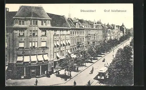 AK Düsseldorf, Cafe Corso in der Graf Adolfstrasse, Strassenbahn und Passanten