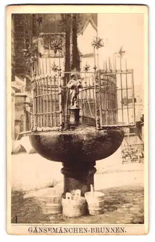 Fotografie unbekannter Fotograf, Ansicht Nürnberg, Partie am Gänsemänchen Brunnen mit Holzeimern