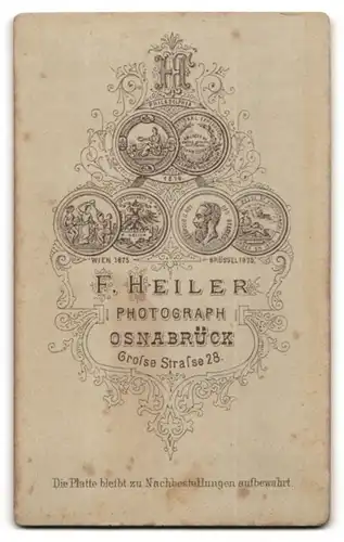 Fotografie F. Heiler, Osnabrück, Grosse Str. 28, Portrait Dame im Biedermeierkleid mit Locken und Brosche