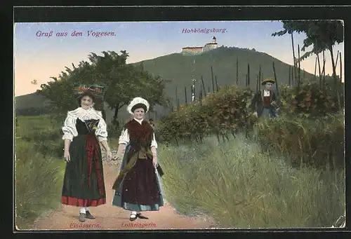 AK Gruss aus den Vogesen, Zwei Frauen und junger Mann in elsass-lothringischer Tracht, Im Hintergrund Hohkönigsburg