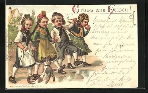 Lithographie Gruss aus Hessen, Kinder mit Hund in Tracht