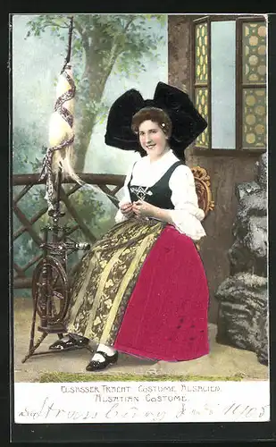 Präge-AK Elsässer Tracht, Frau am Spinnrad