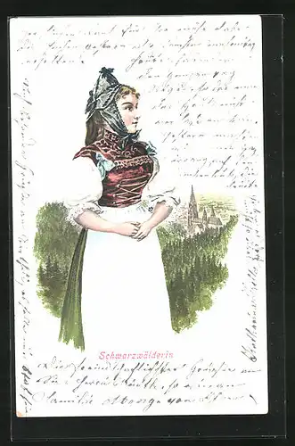 AK Schwarzwälderin in Tracht, Im Hintergrund Kirche