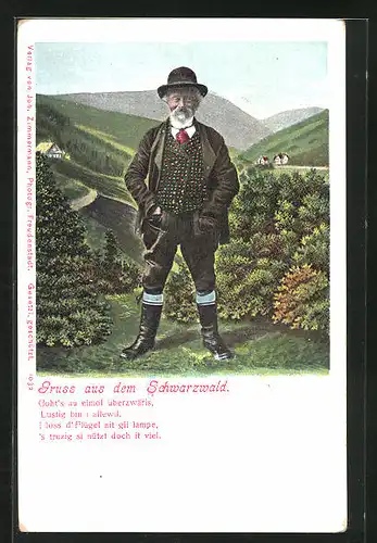 AK Gruss aus dem Schwarzwald, Älterer Herr in Schwarzwälder Tracht
