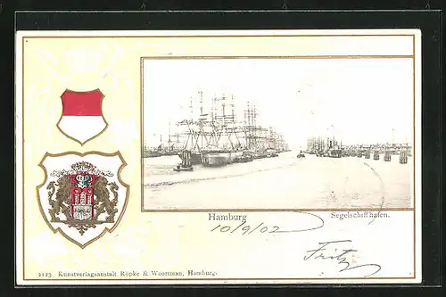 Passepartout-Lithographie Hamburg, Segelschiffhafen, Wappen