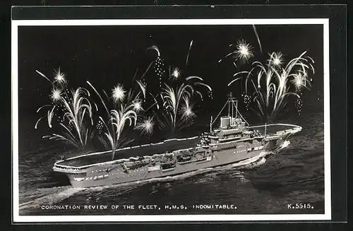 AK Kriegsschiff HMS Indomitable, Flugzeugträger mit Feuerwerk