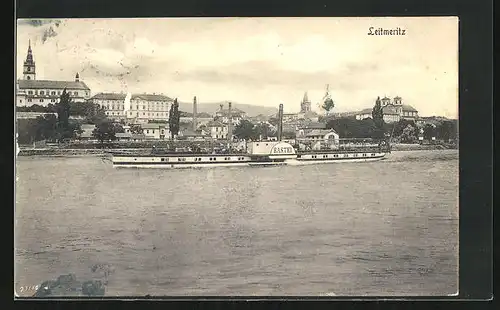 AK Leitmeritz, Binnenschiff Bastei passiert Stadt