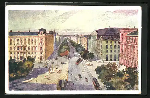 Künstler-AK Wien, Strassenbahnen auf dem Schottenring