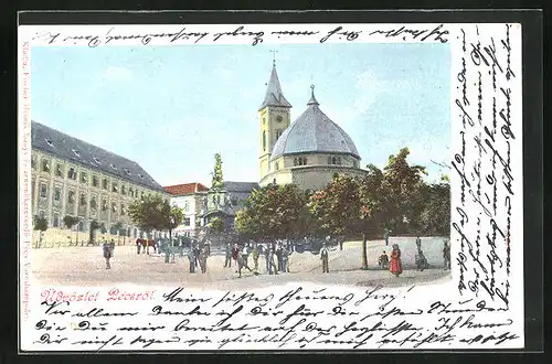 AK Pecs, Hauptplatz mit Kirche und Denkmal