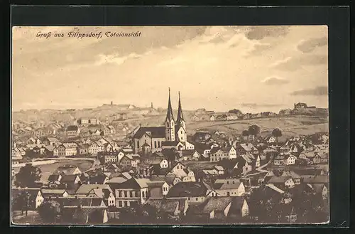 Künstler-AK Filippsdorf, Totalansicht mit Kirche