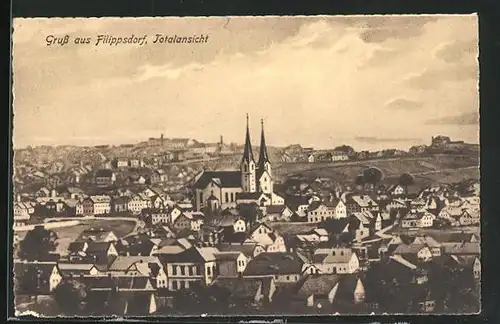 Künstler-AK Filippsdorf, Totalansicht mit Kirche