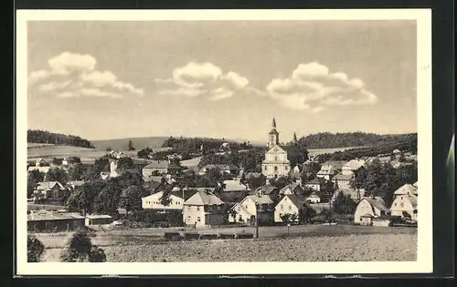 AK Mikulásovice, Panorama mit Kirche