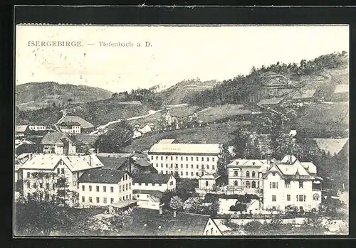 AK Tiefenbach a. D. /Isergebirge, Häuser mit umliegenden Bergen