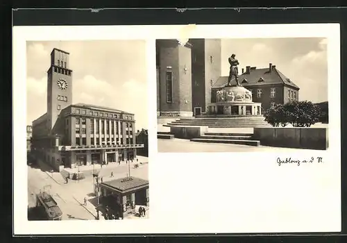 AK Gablonz / Jablonec Nad Nisou, Blick auf Rathaus und Rüdigerdenkmal