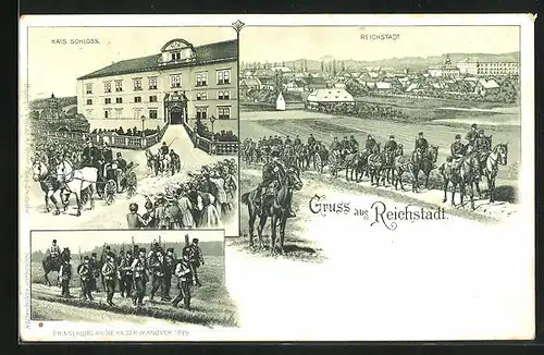 Lithographie Reichstadt, Erinnerung an die Kaiser-Manöver 1899, Panorama, Kaiserliches Schloss