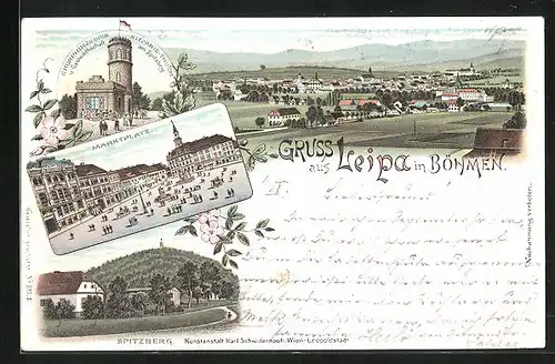 Lithographie Leipa / Ceska Lipa, Kronprinzessin Stefanie-Turm u. Gasthaus am Spitzberg, Marktplatz, Teilansicht