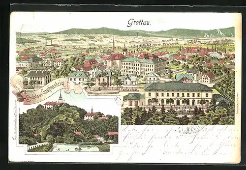 Lithographie Grottau / Hradek Nad Nisou, Teilansicht mit Bahnhof, Schloss Grafenstein