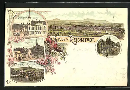 Lithographie Reichstadt, Schlossgasse, Postgasse, Jakobsquelle