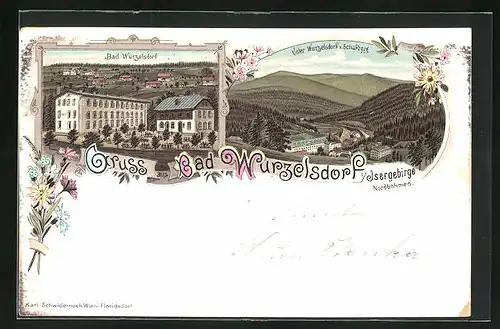 Lithographie Bad Wurzelsdorf i. Isergebirge /Nordböhmen, Ortspartie, Teilansicht Unter Wurzelsdorf v. Schafberg