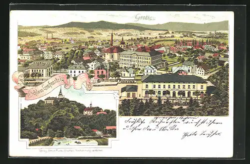 Lithographie Grottau / Hradek Nad Nisou, Teilansicht, Schloss Grafenstein