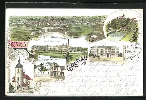 Lithographie Grottau / Hradek Nad Nisou, Fabrik Leitenberger, Kaufhaus Mölder, Kirche