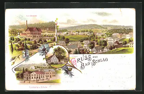 Lithographie Bad-Schlag, Turnhalle und Schule, Kur-Anstalt