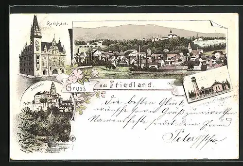 Lithographie Friedland / Frydlant, Schloss, Aussichtsturm auf dem Kesselberge