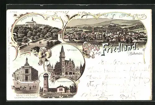 Lithographie Friedland / Frydlant, Aussichtsturm, Kaiser Franz Josef Landwirtschafts-Haus, Rathaus