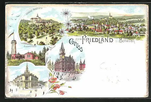 Lithographie Friedland / Frydlant, Aussichtsturm, Kaiser Franz Josef Landwirtschafts-Haus, Schloss