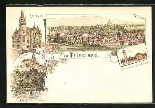 Lithographie Friedland / Frydlant, Aussichtsturm auf dem Resselberg, Rathaus, Schloss