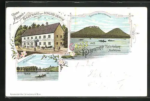 Lithographie Hammer Am See / Hamr Na Jezere, Gasthaus zum Schloss Dewin, Hammersee mit Schlossruine