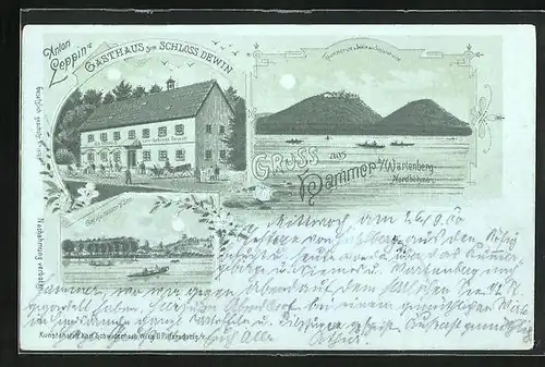 Mondschein-Lithographie Hammer Am See / Hamr Na Jezere, Gasthaus zum Schloss Dewin, Ortsansicht vom See her