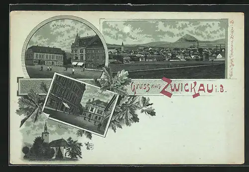 Mondschein-Lithographie Zwickau i.B. / Cvikov, Ansichten vom Marktplatz, Kirche, Panoramablick auf den Ort
