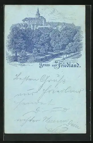 Lithographie Friedland / Frydlant, Blick zum alten Schloss