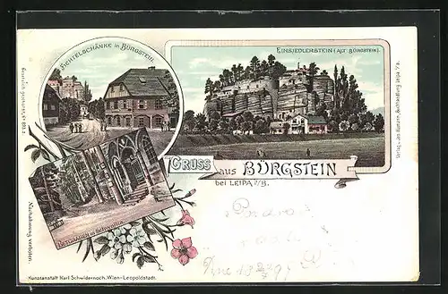 Lithographie Bürgstein b. Leipa, Gasthaus Fichtelschänke, Betgraben in Schwojka