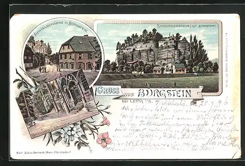 Lithographie Bürgstein b. Leipa, Gasthaus Fichtelschänke, Betgraben in Schwojka, Einsiedlerstein