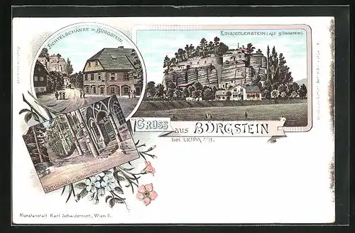 Lithographie Bürgstein b. Leipa, Gasthaus Fichtelschänke, Betgraben in Schwojka