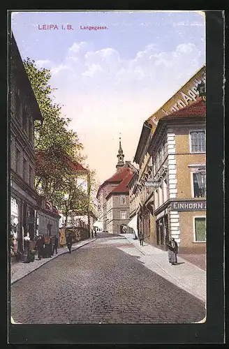 AK Leipa / Ceska Lipa, Strassenblick in die Langegasse, Einhorn-Apotheke