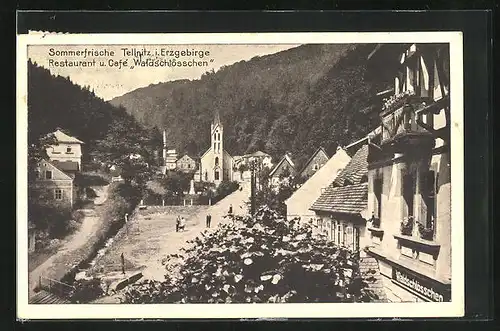 AK Tellnitz /Erzgeb., Cafe-Restaurant Waldschlösschen und Blick zur Kirche