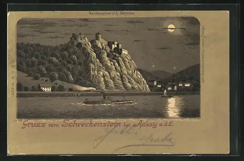 Mondschein-Lithographie Aussig / Usti, Elbdampfer passiert Burg Schreckenstein