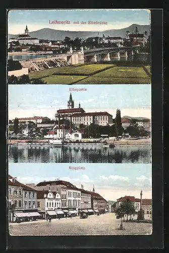 AK Leitmeritz / Litomerice, Ringplatz, Dampfer auf der Elbe, Brücke