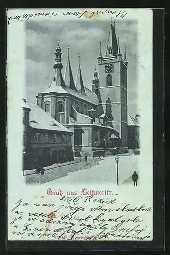 Mondschein-AK Leitmeritz / Litomerice, Strassenpartie an der Kirche