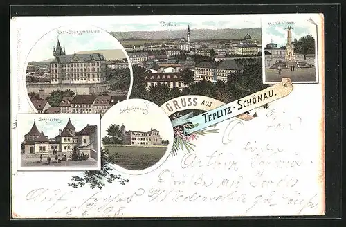 Lithographie Teplitz Schönau / Teplice, Schlackenburg, Real-Obergymnasium, Schlossberg, Kriegerdenkmal
