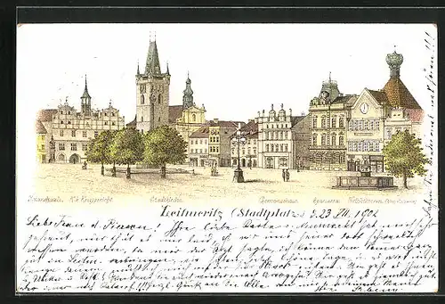 Lithographie Leitmeritz / Litomerice, Gemeindehaus, Kelchturm, Rolandsäule