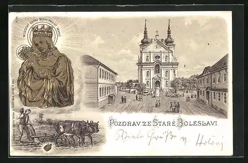 Lithographie Alt Bunzlau / Stara Boleslav / Brandeis (NL), Ansicht der Kirche, Mariendarstellung