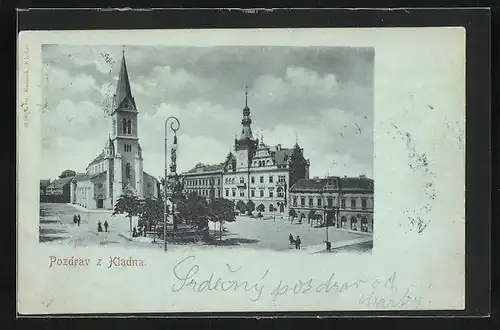 Mondschein-AK Kladno, Hauptplatz mit Kirche und Rathaus