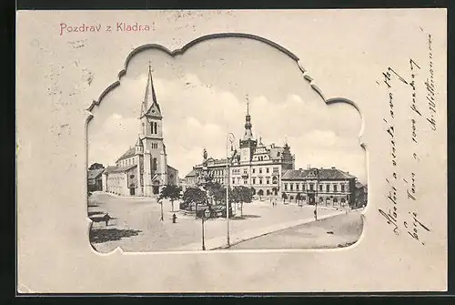 AK Kladno, Hauptplatz mit Kirche, Pestsäule und Rathaus