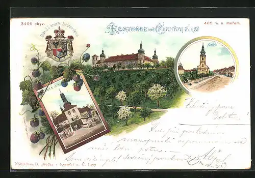 Lithographie Kostelec nad Cernými lesy, Namesti, Znak J.J. knizele Lichtensteina